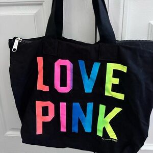 Victoria’s Secret PINK Black LOVE PINK Zippered Tote Beach Bag